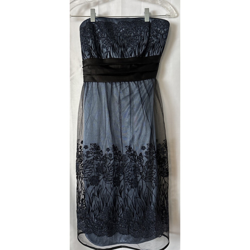 Dressbarn Collection Dress 10 Black Tulle Overlay Silver Blue Evening Tie Waist